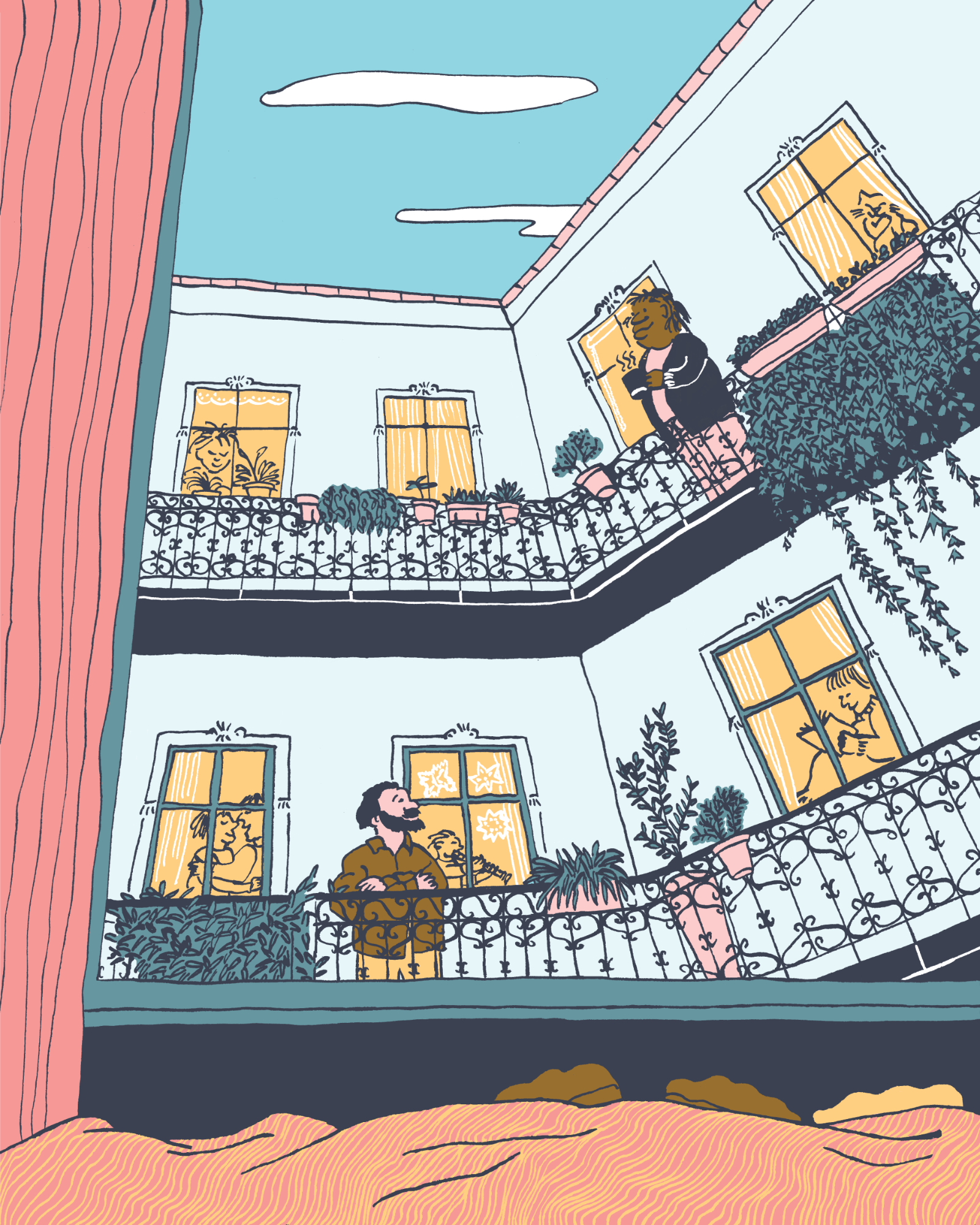 Illustration of a view through the window across an idyllic courtyard